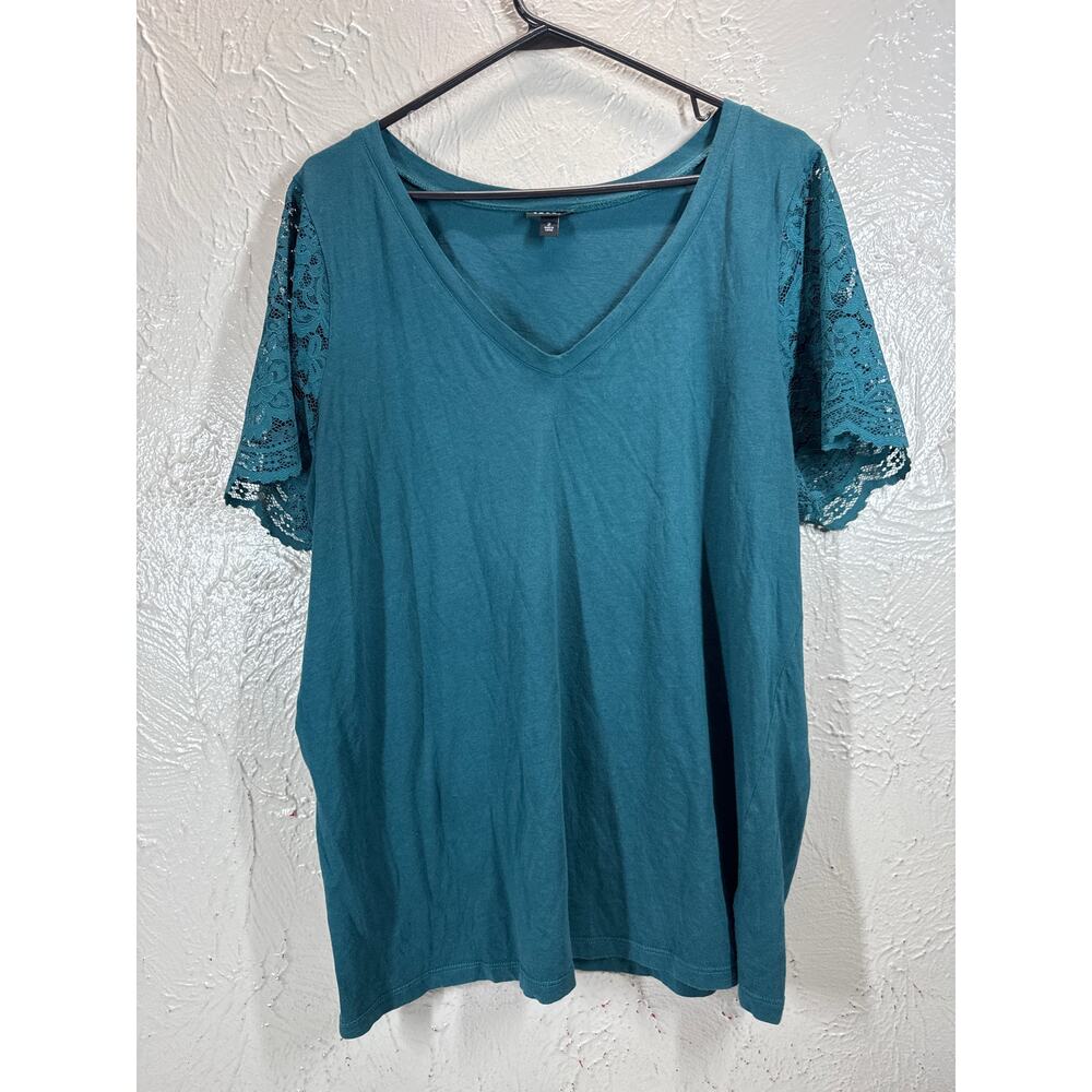 Torrid Black Lace Detail Sleeve Stretch‎ V-Neck Teal T-Shirt Plus Size 2